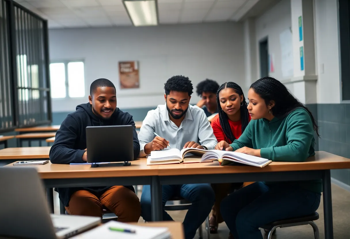 Group of individuals engaged in educational activities in a prison classroom