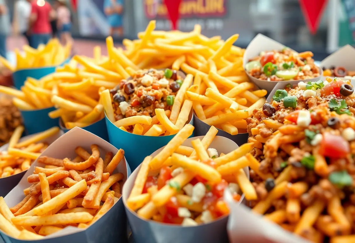 Variety of french fries displayed in a festive setting