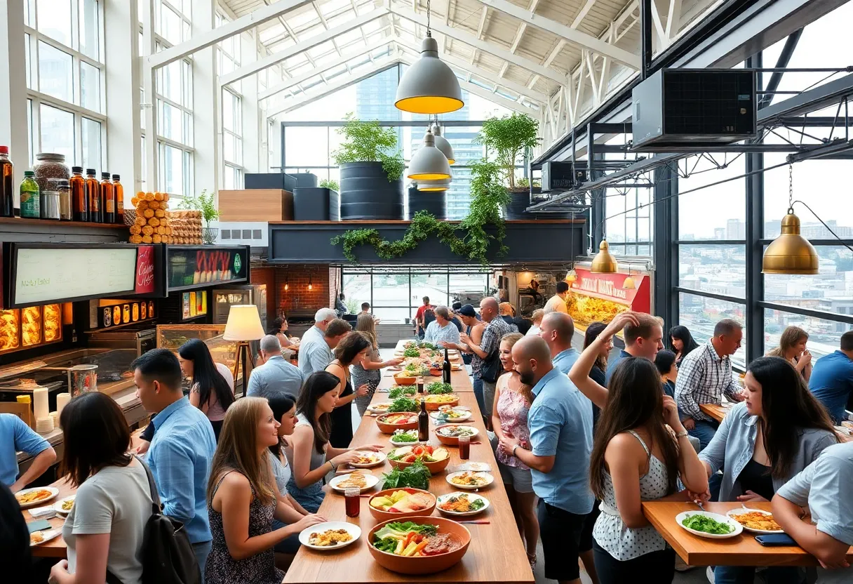 Interior of GATHER COLA Food Hall with various food stalls