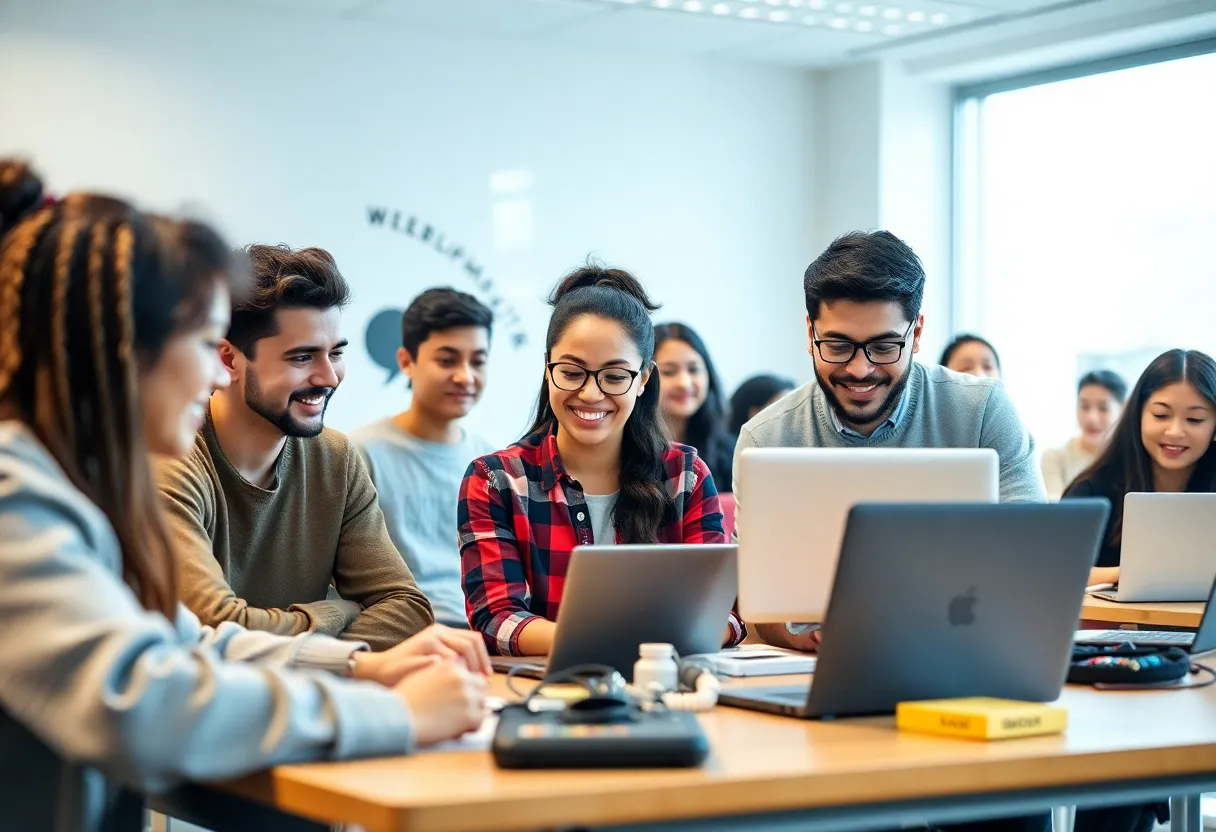Diverse university students participating in a technology workshop