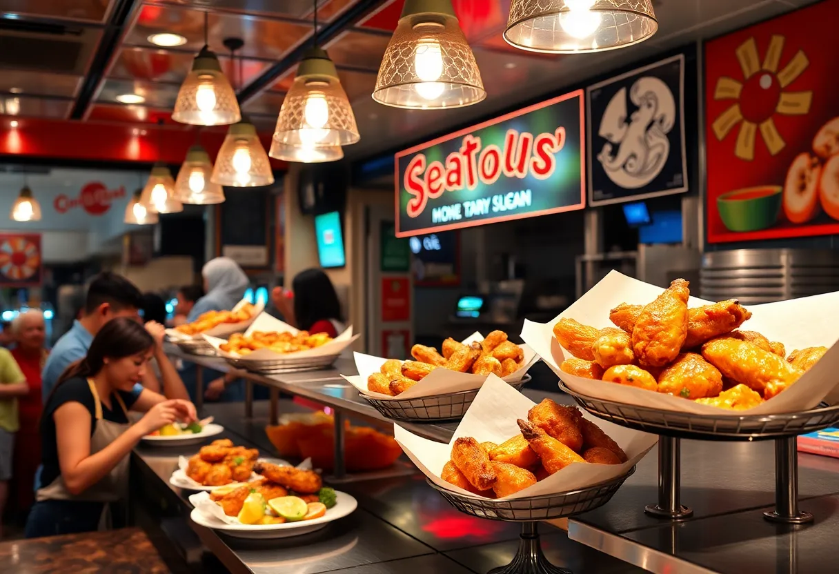 Interior of Hutto Seafood & Wings with diners enjoying seafood and wings