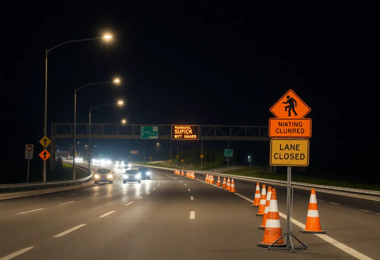 Construction signs on I-26 indicating lane closures at night