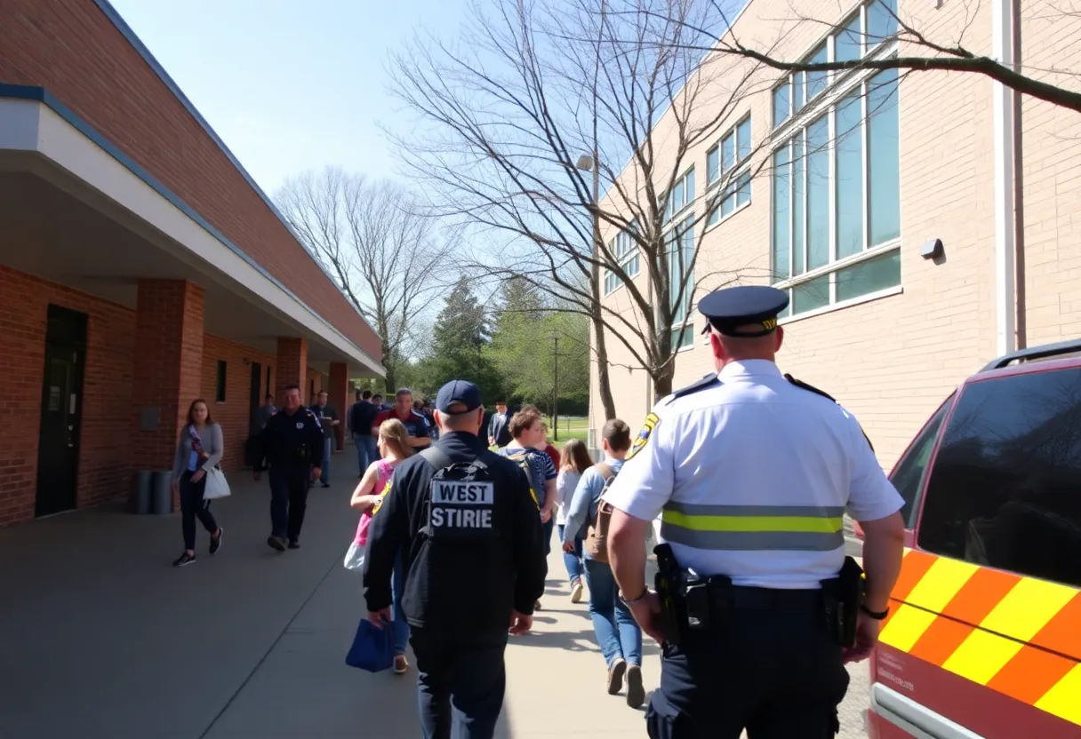 Students and staff evacuating a Kentucky school with police present.