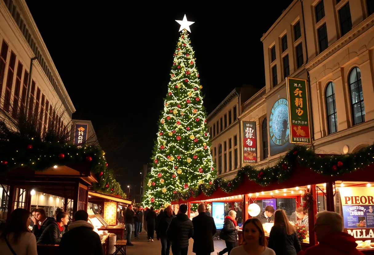 Downtown Lexington Christmas Carolighting event with a large sparkling tree.