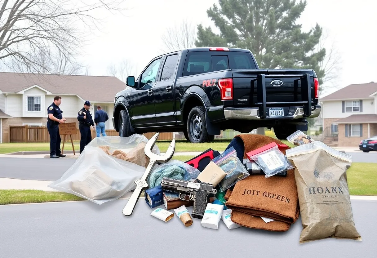Police investigation scene with a truck and drug bust illustrations