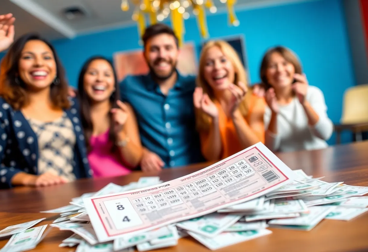 Excited people celebrating a lottery win with a lottery ticket and cash