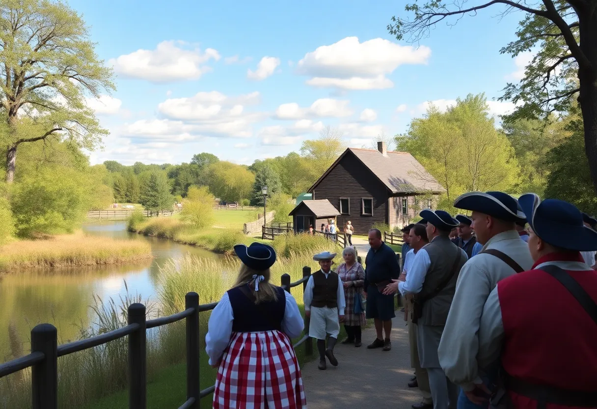 Community members celebrating the American Revolution at Old Mill Pond Trail.