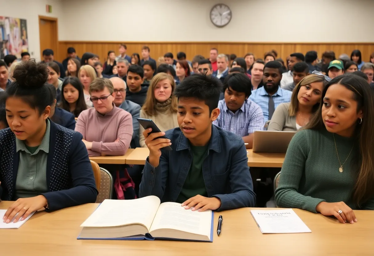 A school board meeting discussing literature in education
