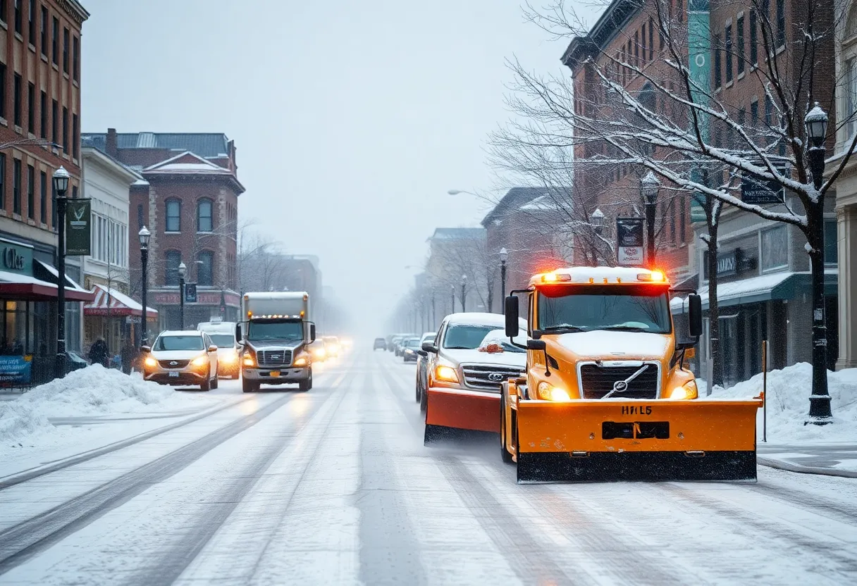 Snow-covered streets in Lexington with snow plows working.