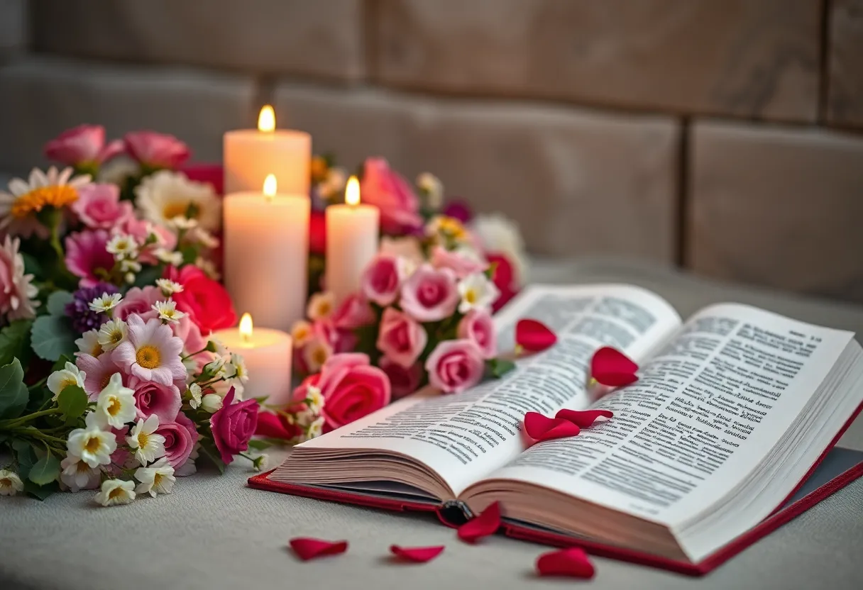 Memorial setting with flowers and candles