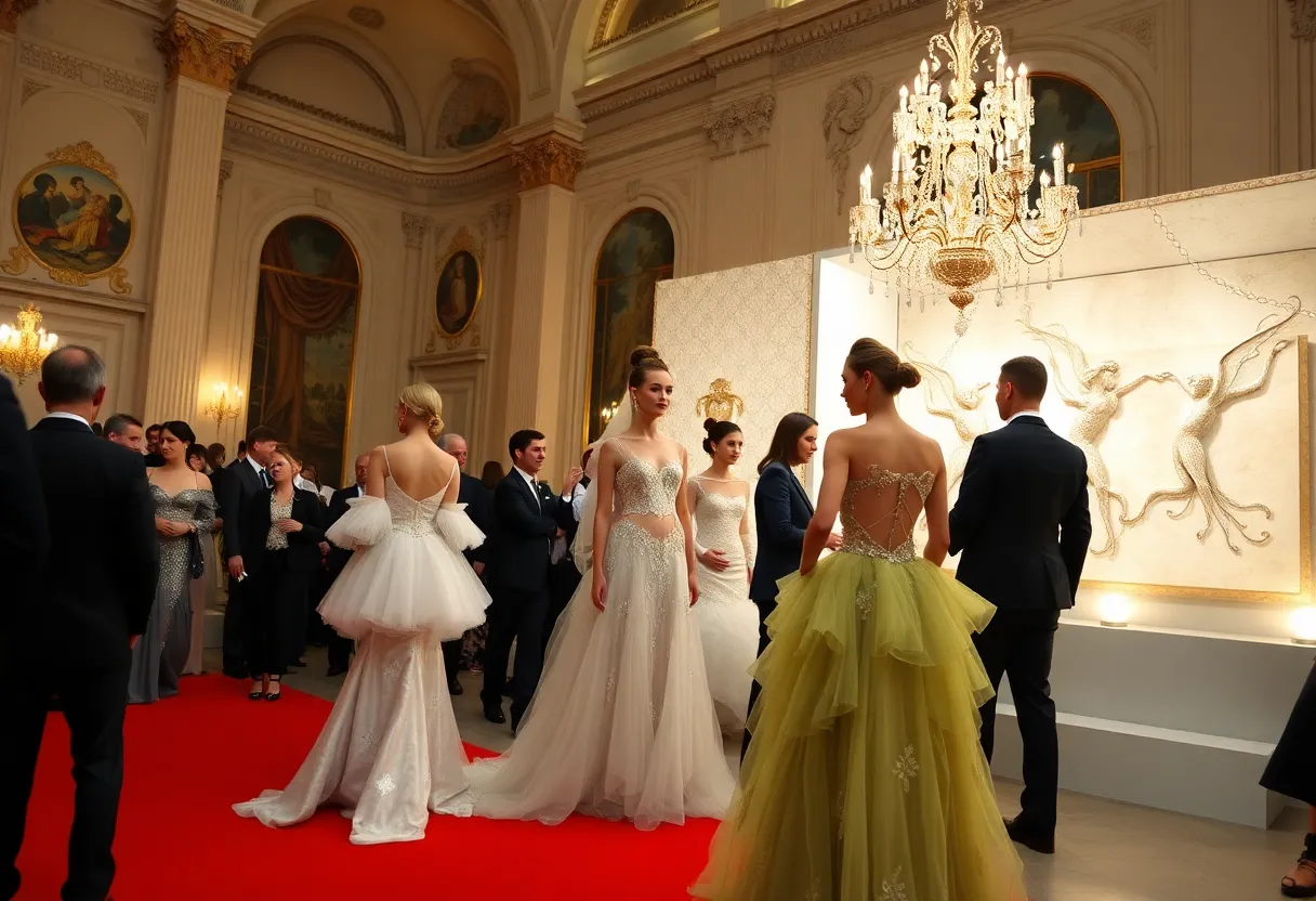 A beautiful ballroom filled with attendees dressed in whimsical couture at the Met Gala in Columbia.