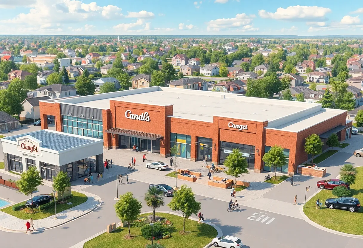 Illustration of proposed shopping center with shops and restaurants