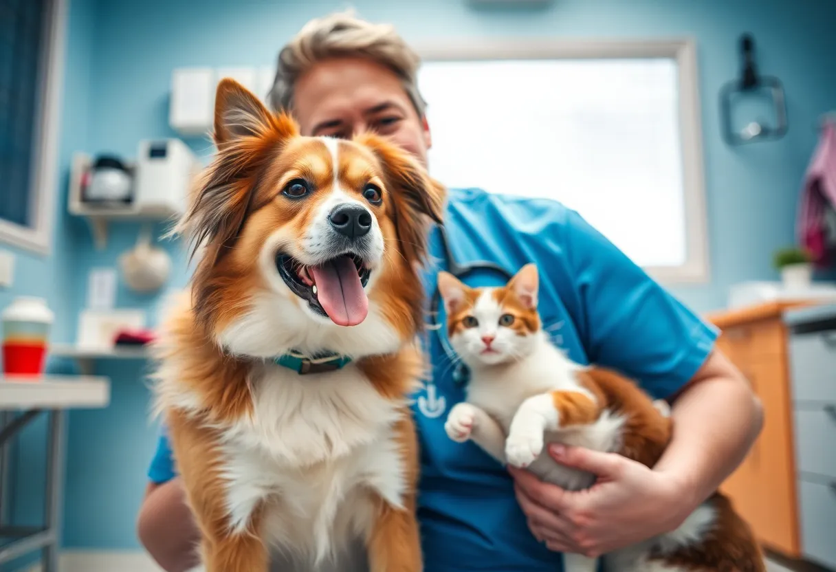 A pet owner at a veterinary clinic with their dog and cat, showcasing the importance of pet care.