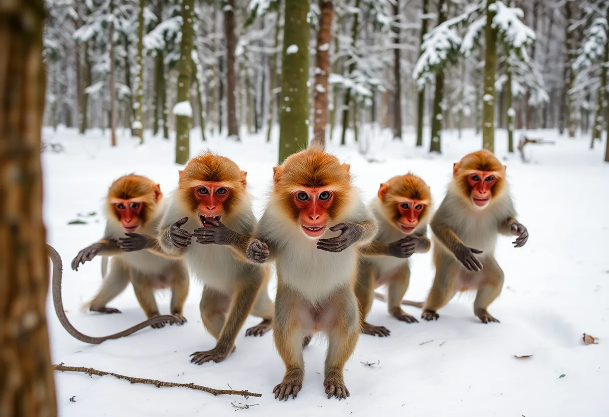 Rhesus Macaque Monkeys in Snow