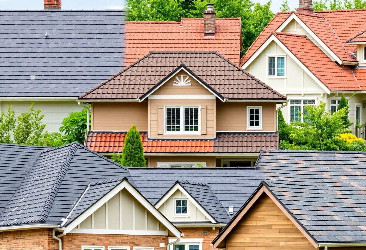 Collage showing various roof types including asphalt, metal, tile, wood, and slate.