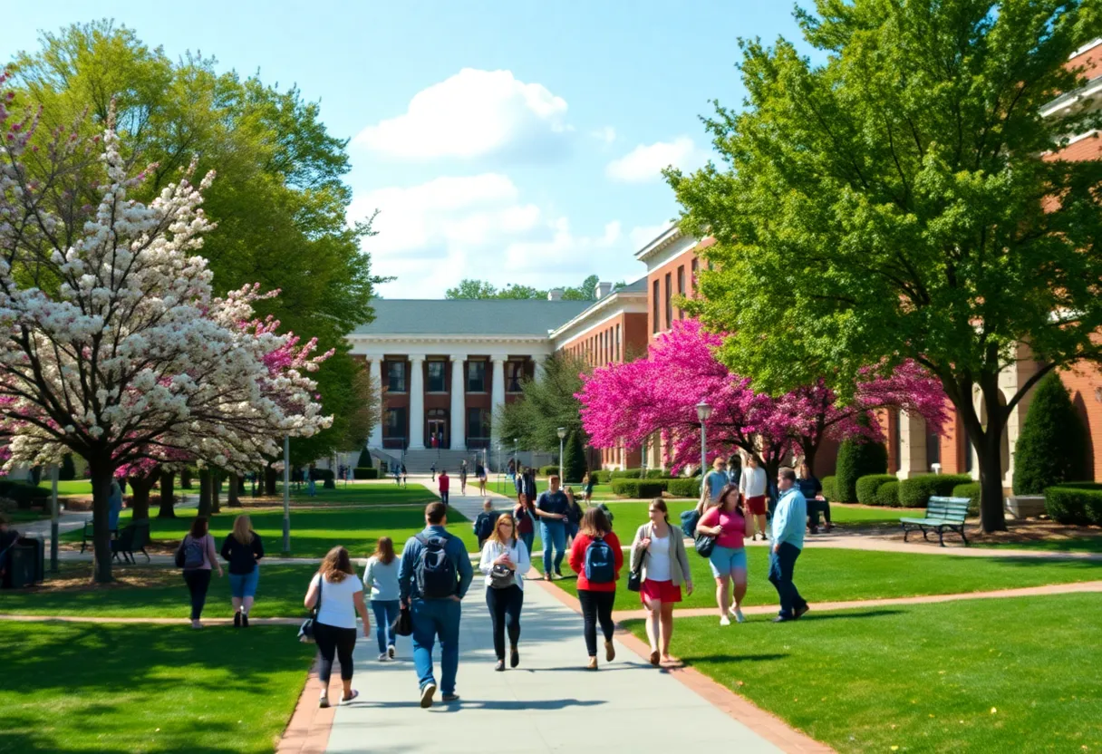 A university campus in South Carolina with students and greenery