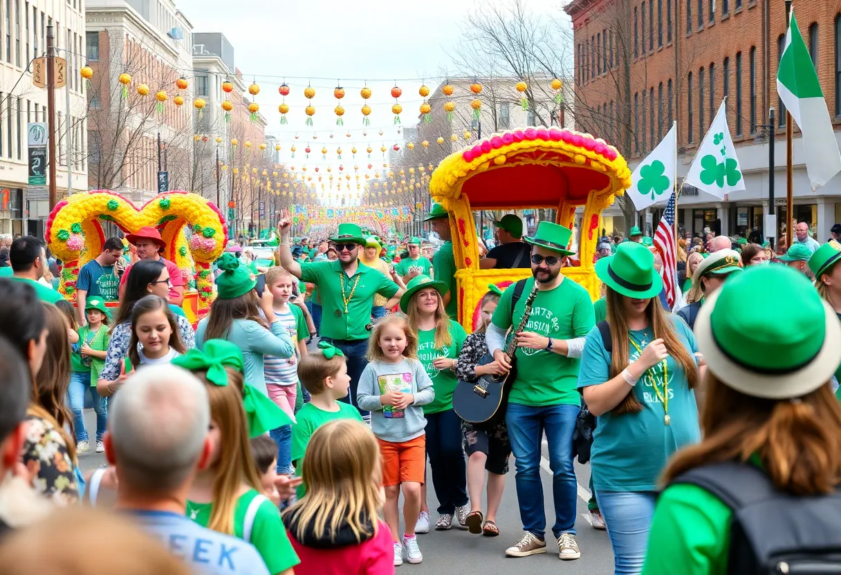 Crowd enjoying the St. Pat's in Five Points Festival with colorful decorations.