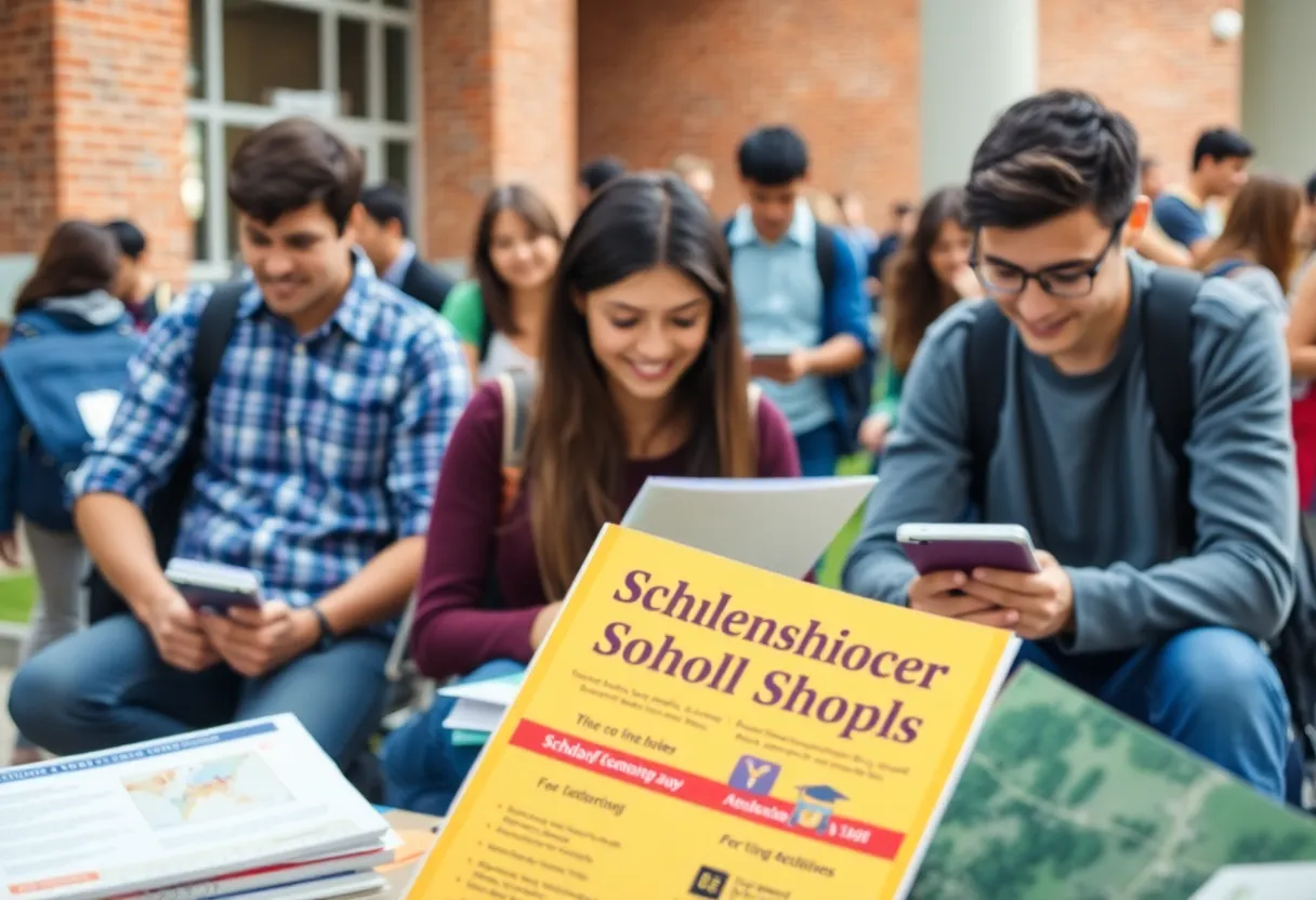 Students discussing scholarship opportunities at a campus