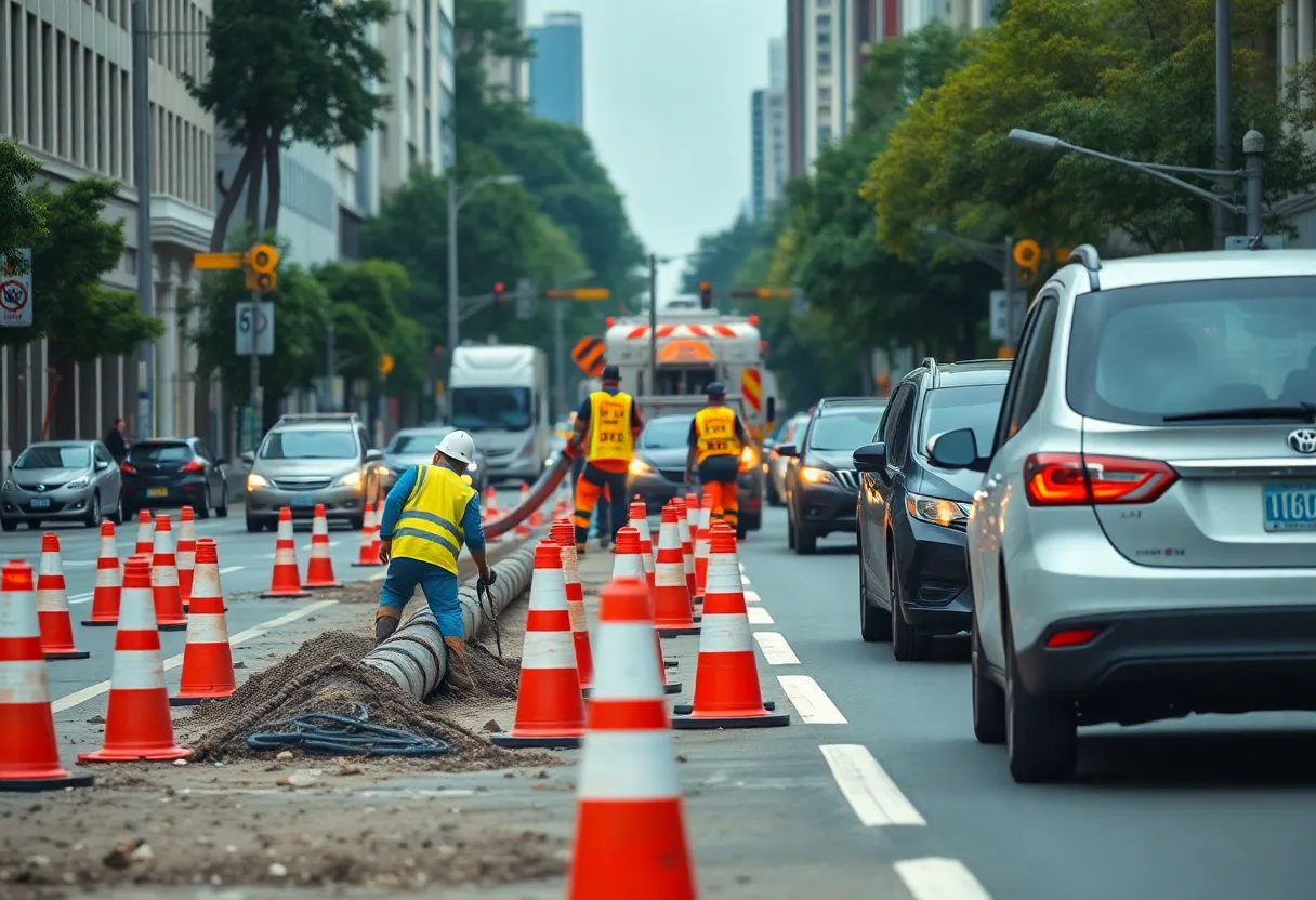 Emergency roadwork on Sunset Boulevard with utility crews and traffic cones.