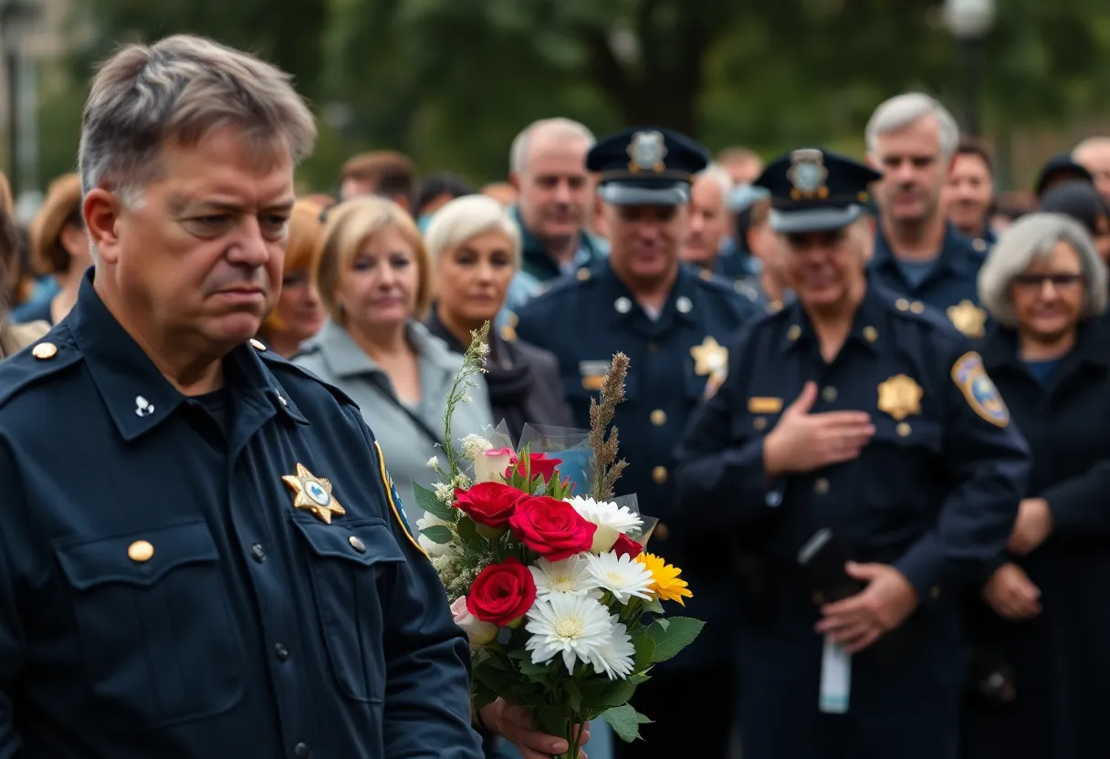 Community memorial for Officer Carrizales showcasing police badges and flowers