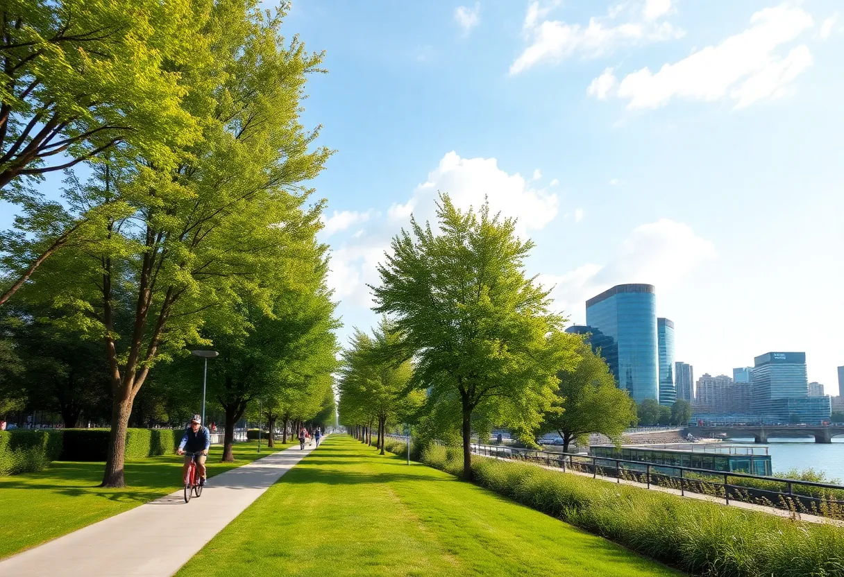 Pathway along the Columbia Vista Greenway with cyclists and trees