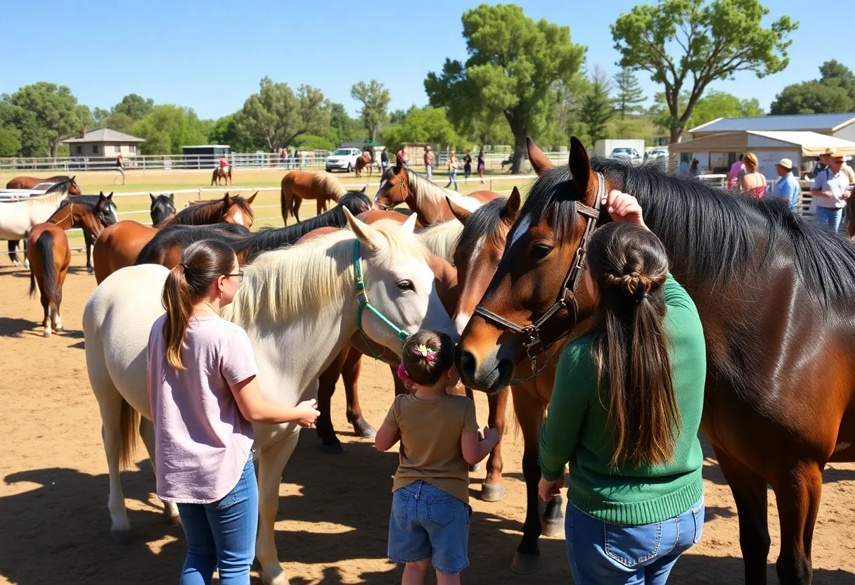 Families interacting with wild horses and burros at the adoption event.