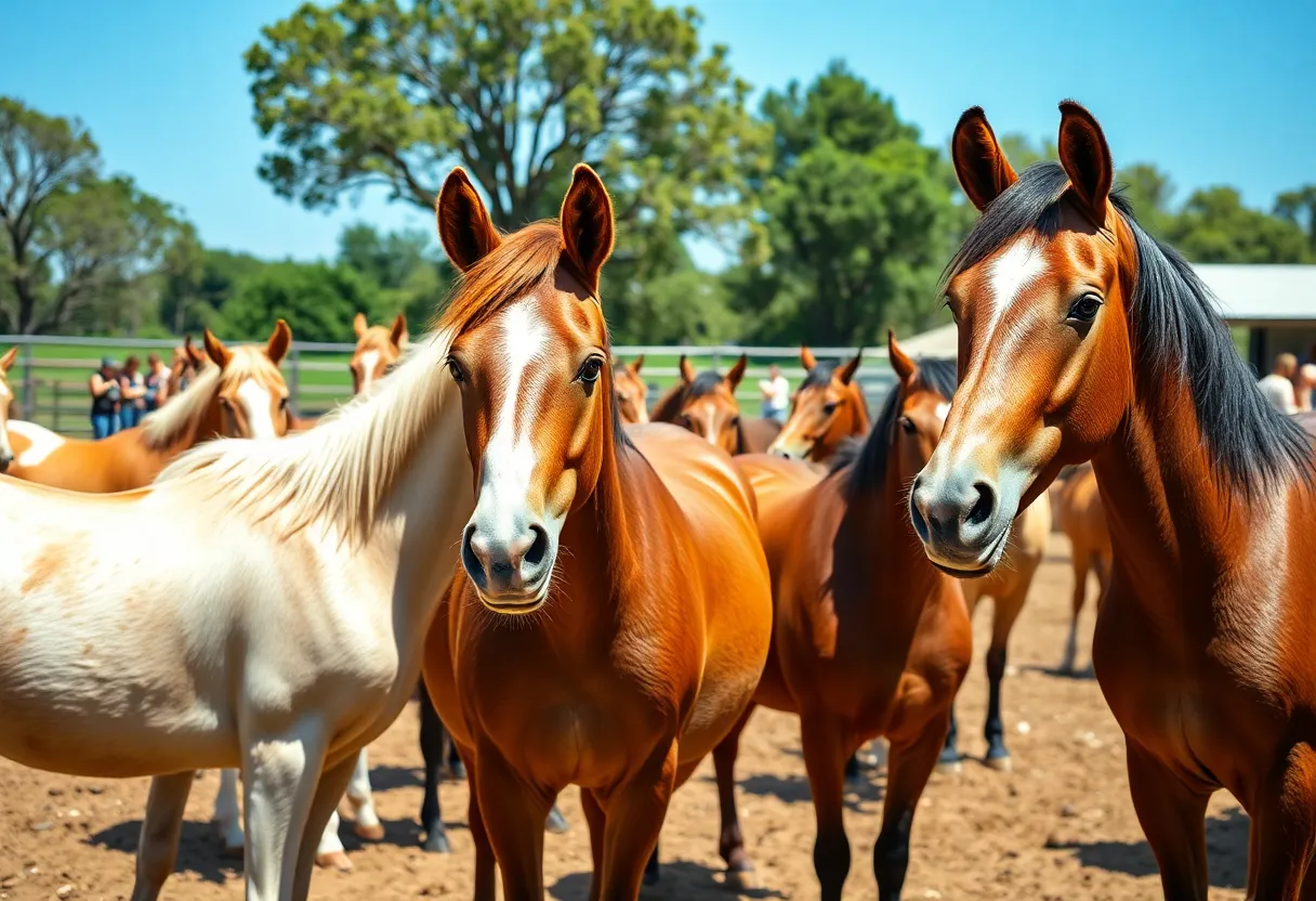 A group of wild horses and families at the adoption event.