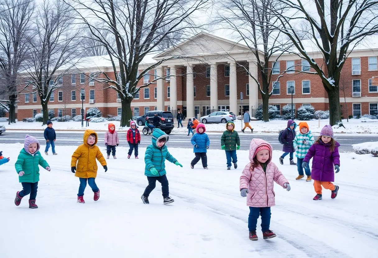 Children playing in the snow outside a school in South Carolina
