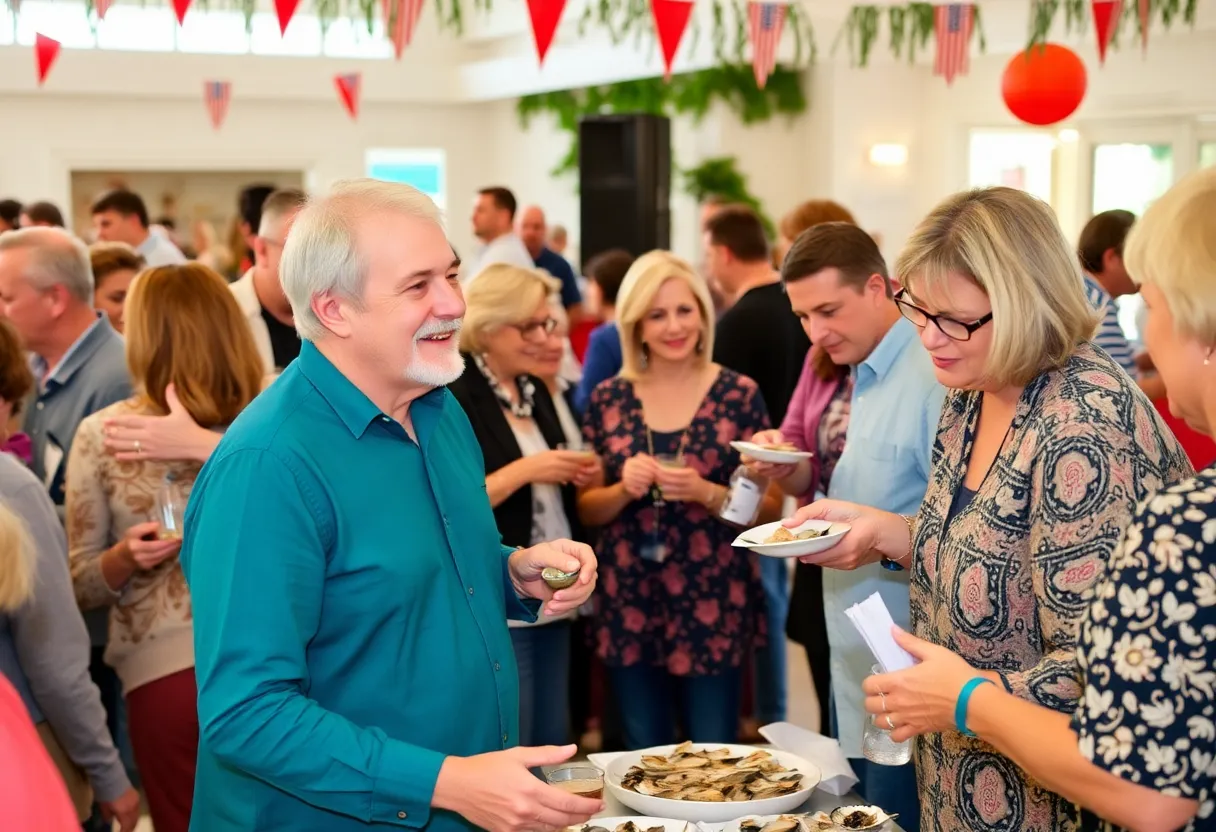 Guests enjoying oysters and music at the Wishful Shuckers Fundraiser.