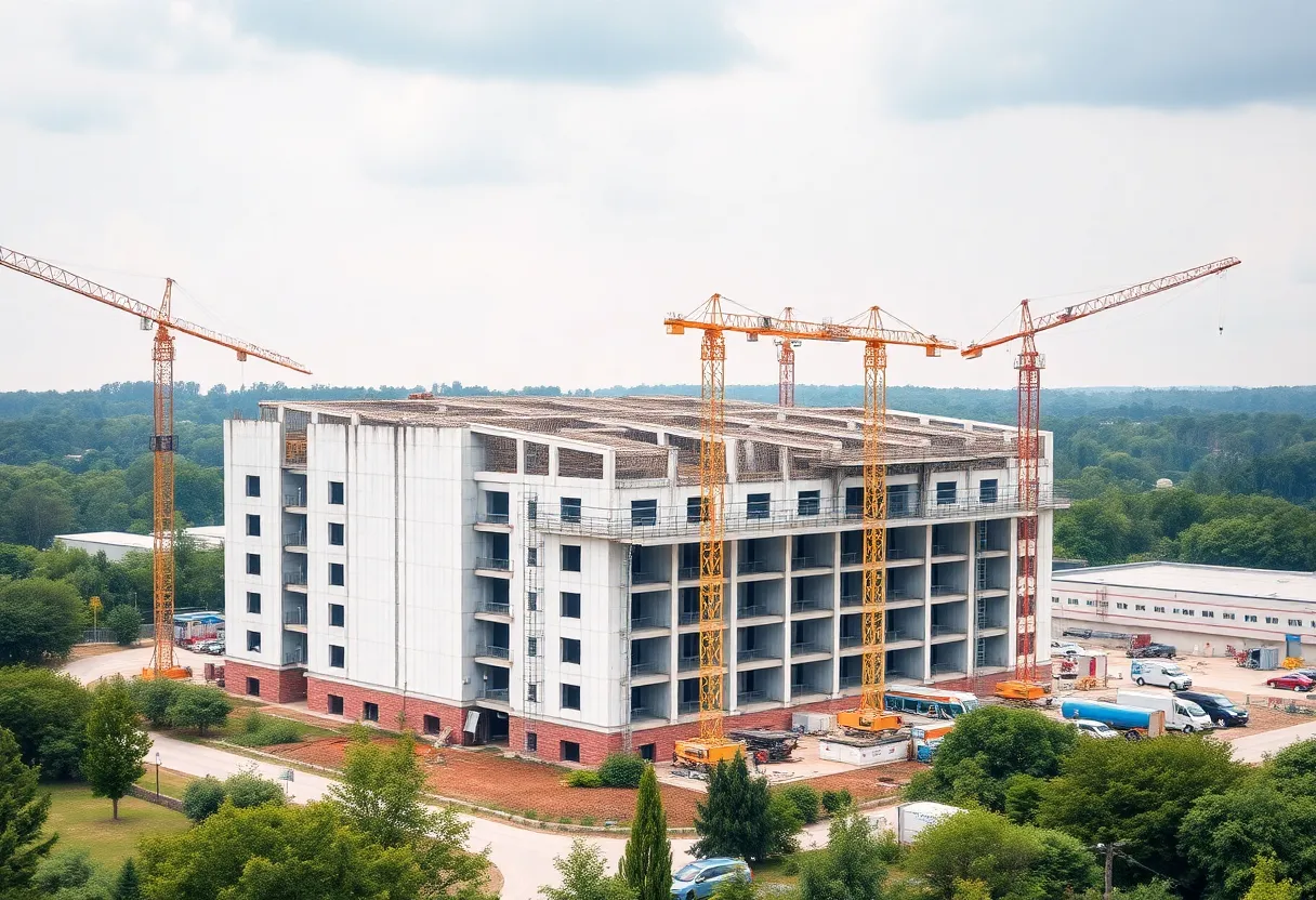 Construction of the ALLTAPE facility in Lexington County with workers and cranes