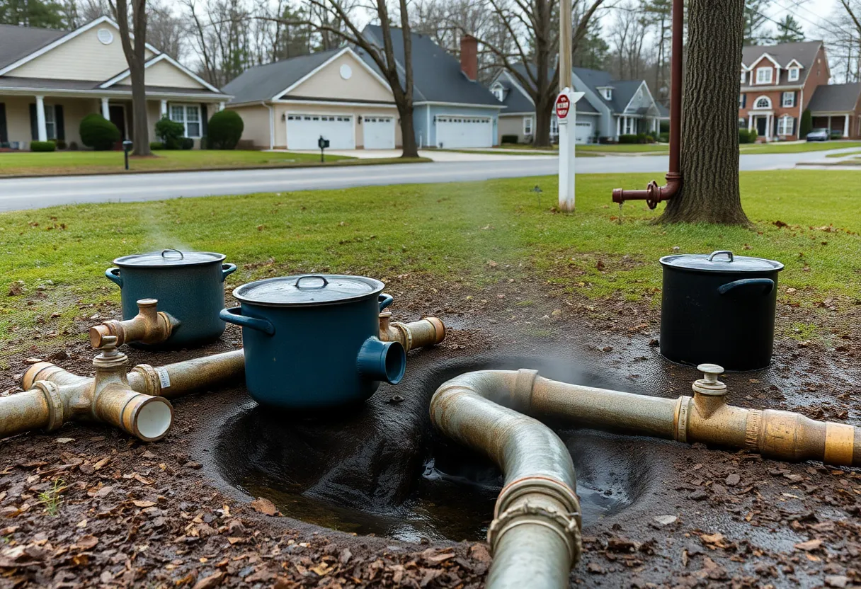 Boiling pots and water pipes depicting a water main break advisory