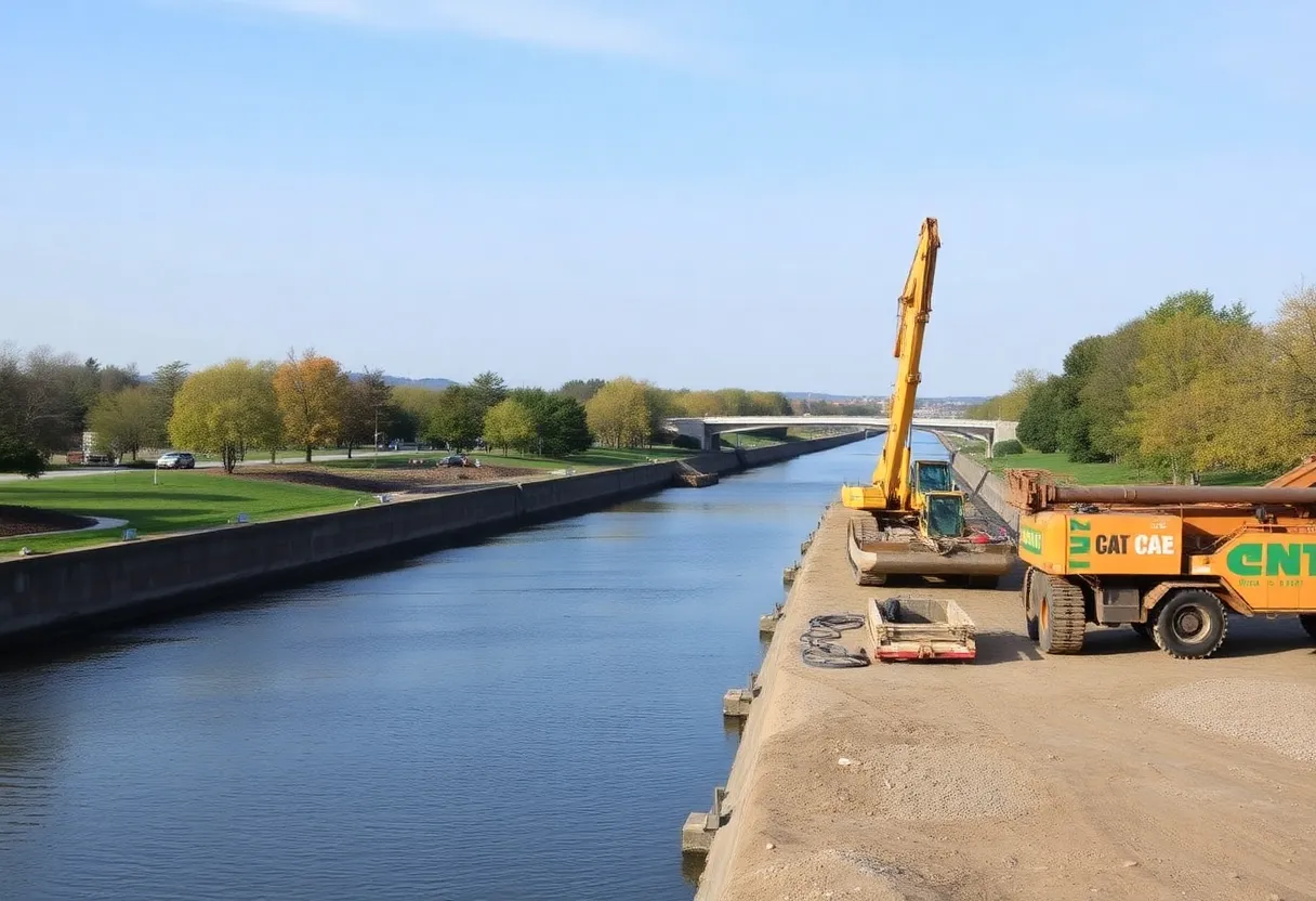 Construction equipment near Columbia Canal for repairs