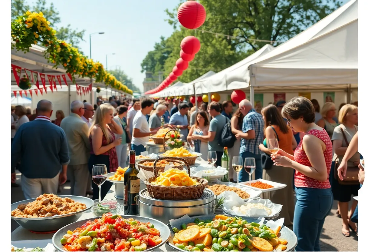 A bustling scene from the Columbia Food & Wine Festival with people enjoying food and drinks.