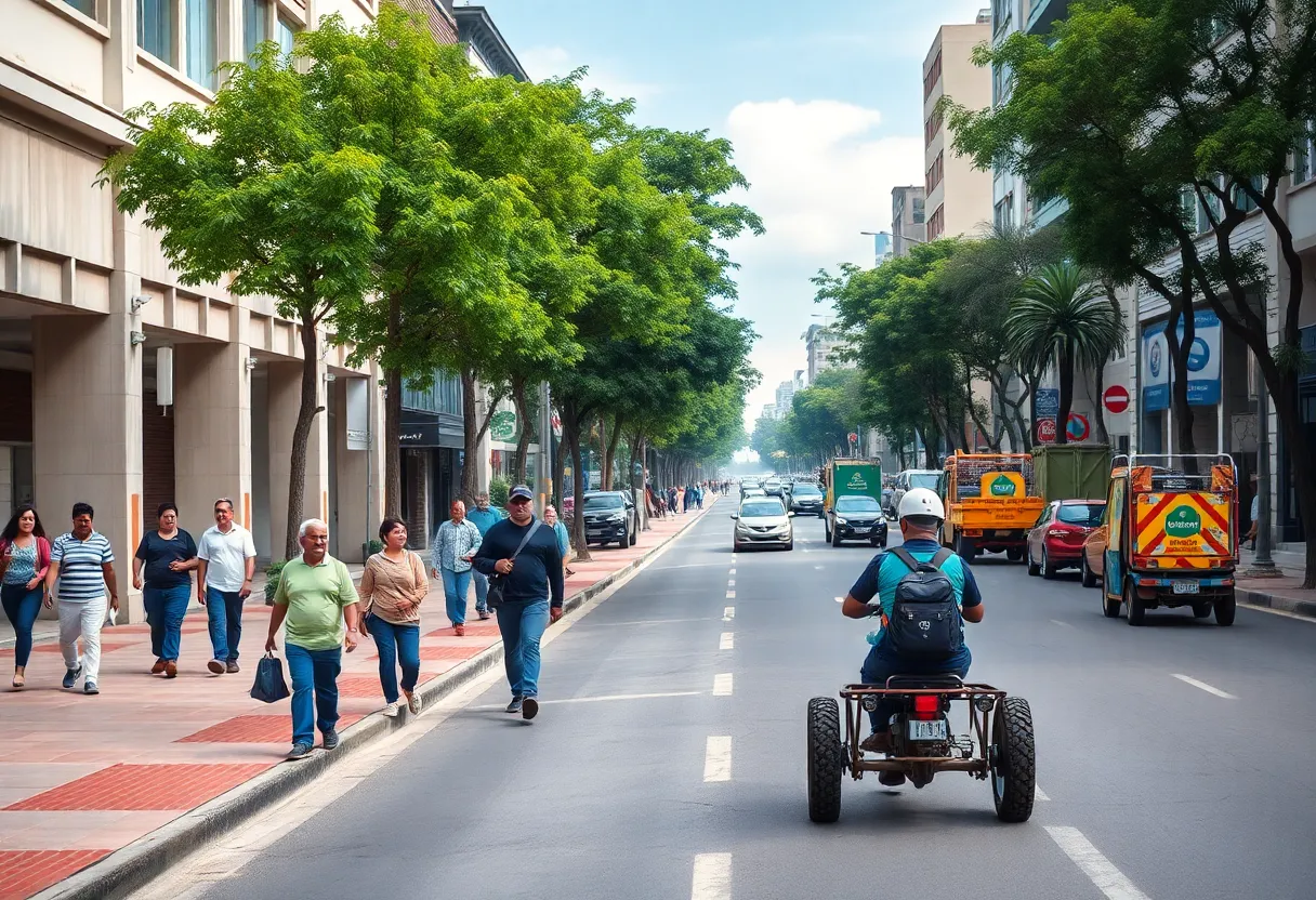 Columbia street with pedestrian enhancements and construction workers.