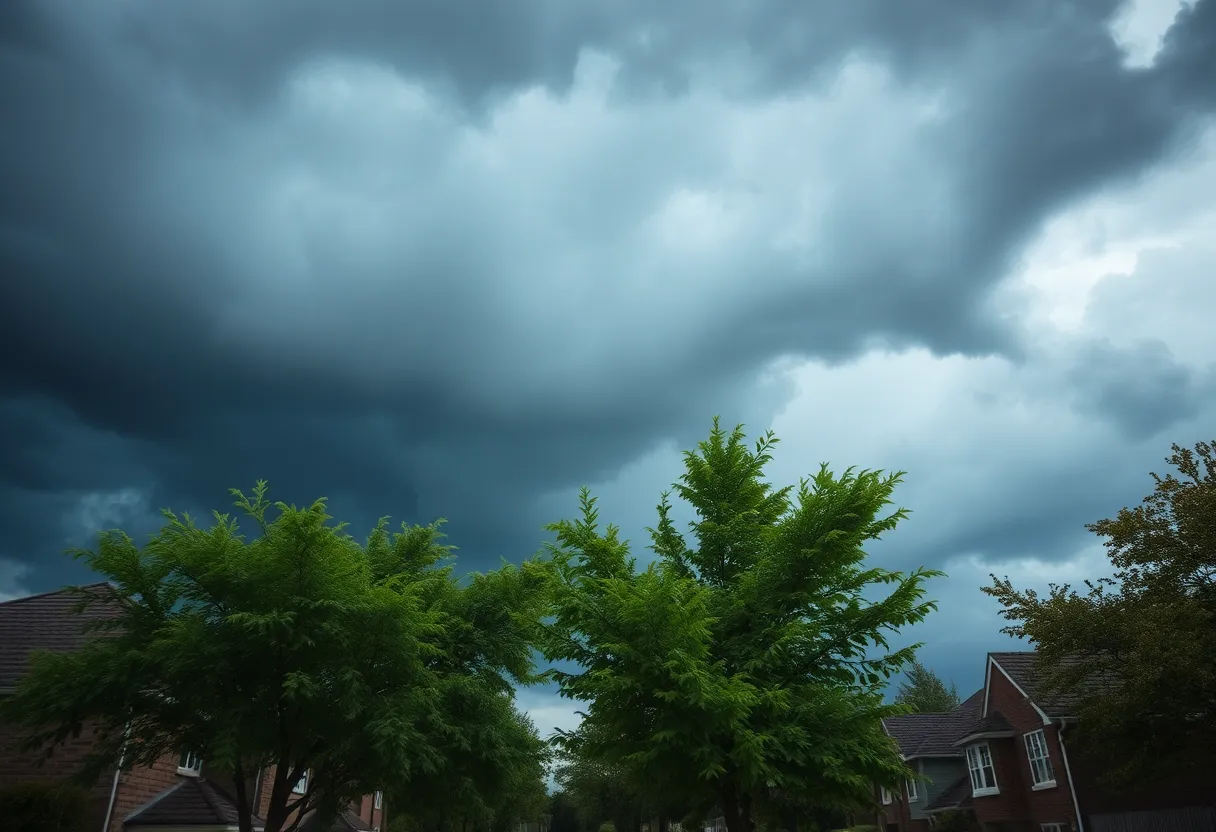 Dark storm clouds with strong winds and rain in a suburban setting