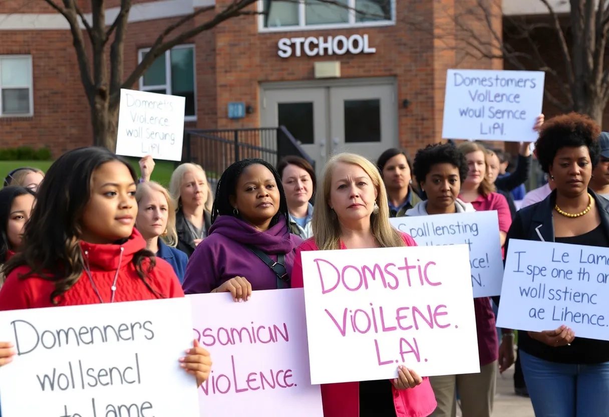 Community members holding signs to raise awareness about domestic violence.