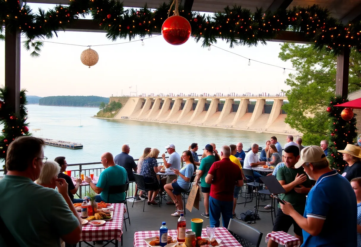 Outdoor dining event at Lake Murray Dam with families enjoying food and music.
