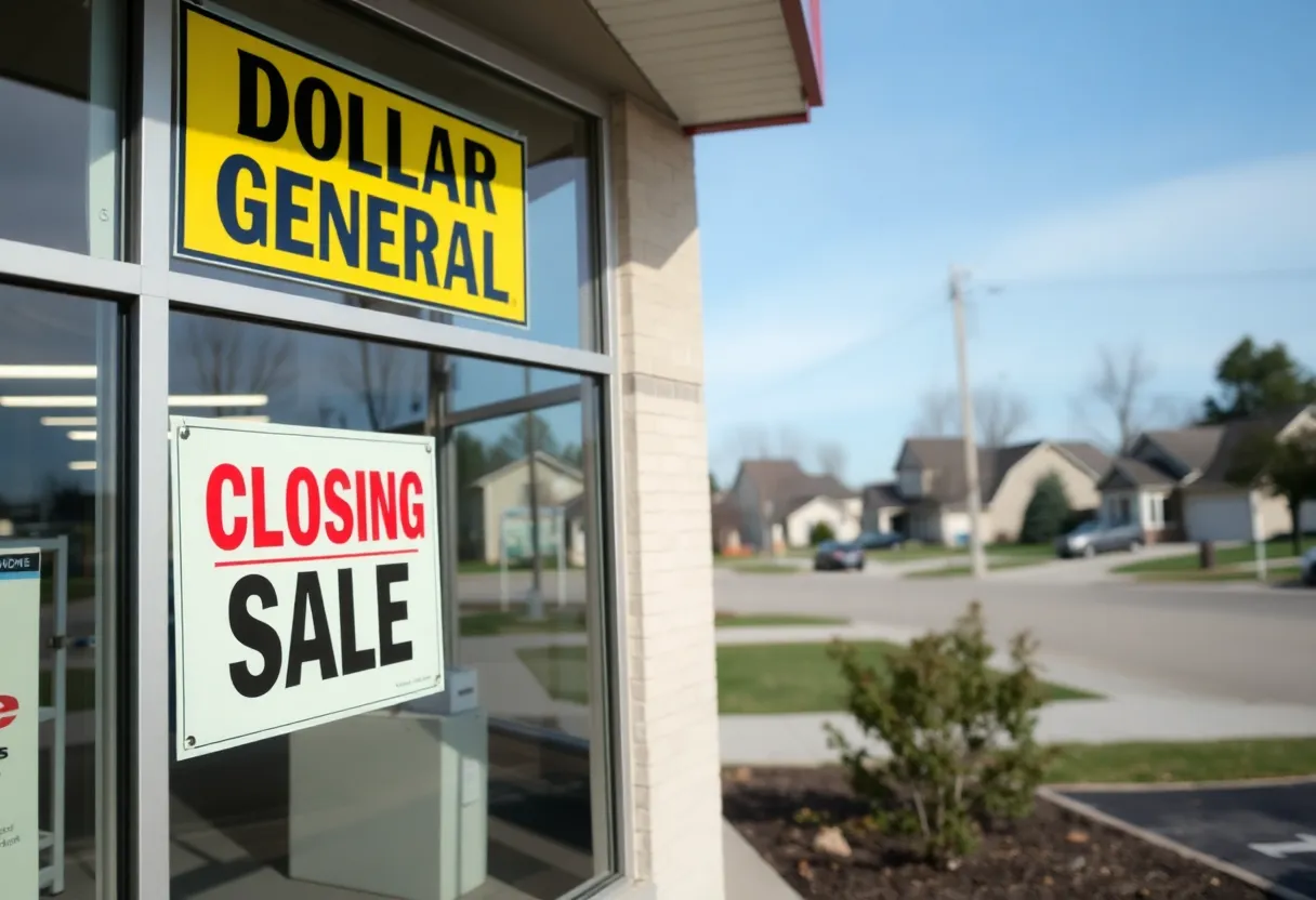 Exterior of Dollar General store with closing sale sign