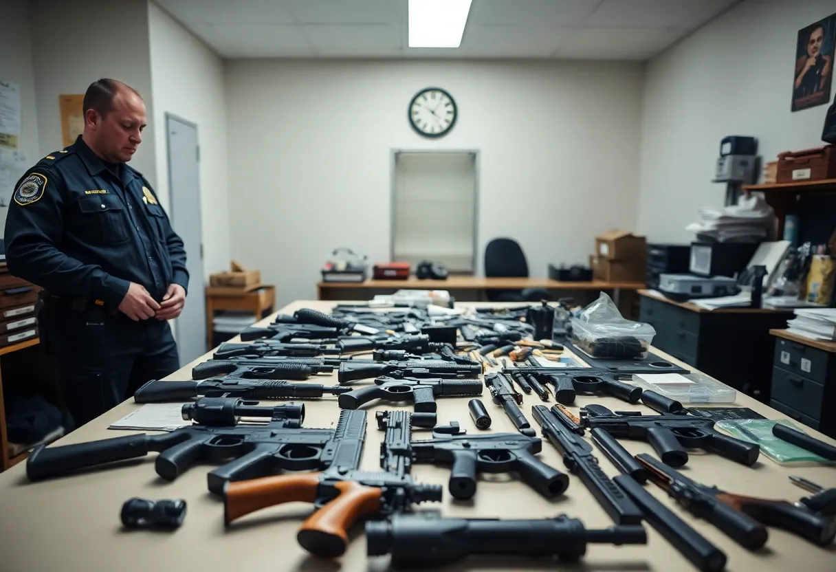 Seized firearms and stolen goods on a table in a police evidence room