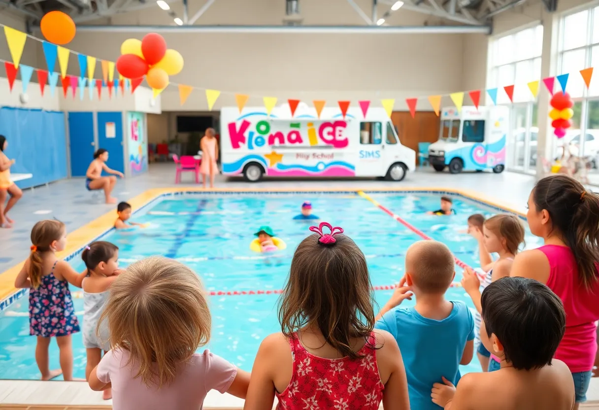 Goldfish Swim School grand opening event with families at a pool