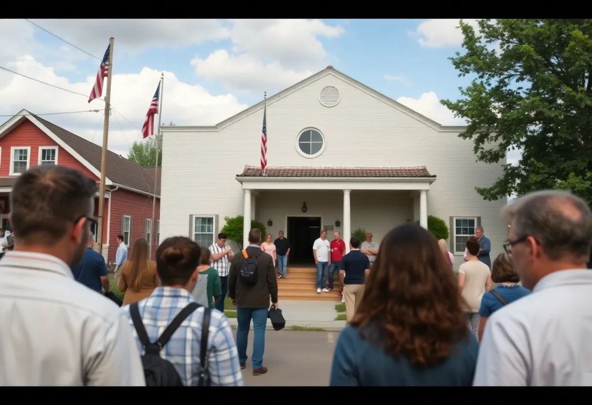 Residents of Irmo gathering outside a government building in concern over local leadership issues.