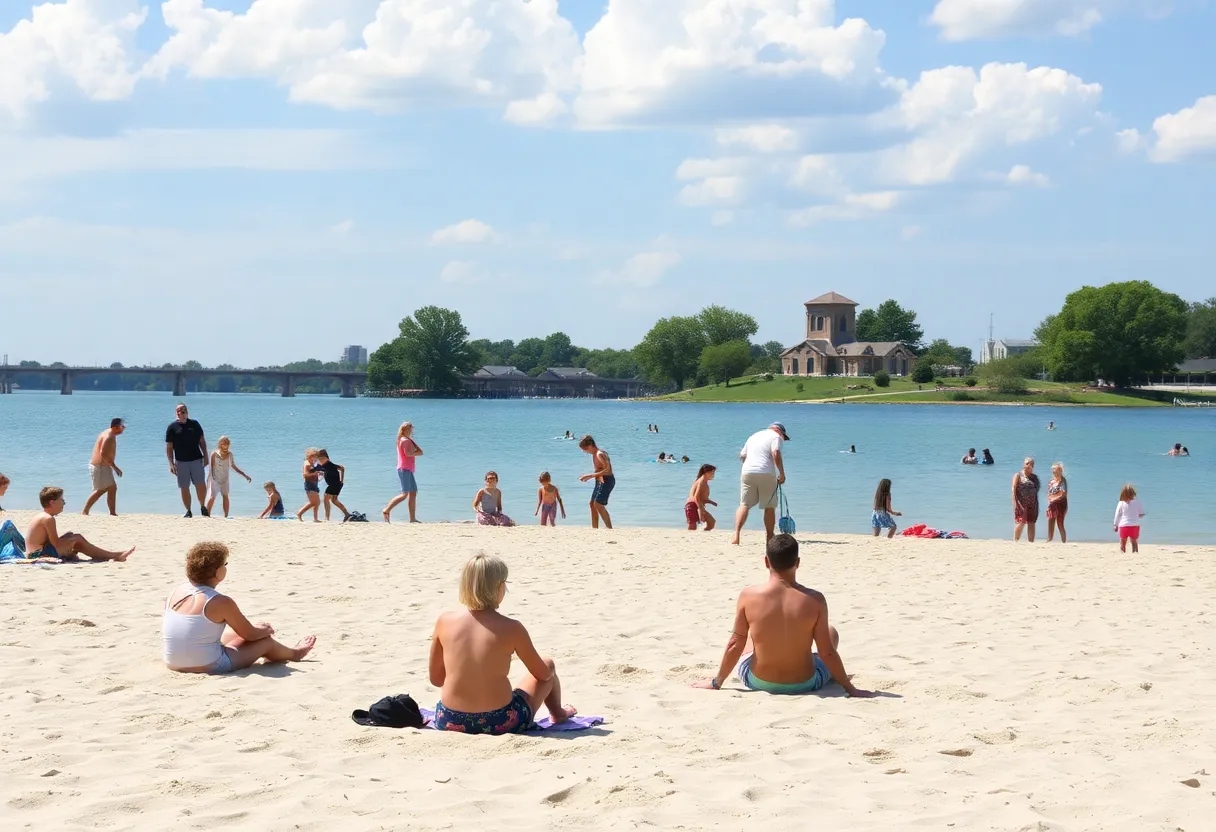 Families spending a sunny day at Lake Murray beach