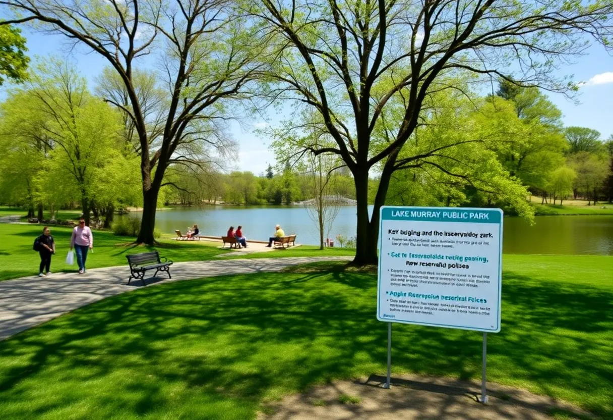 Spring view of Lake Murray Public Park showing greenery and visitors.