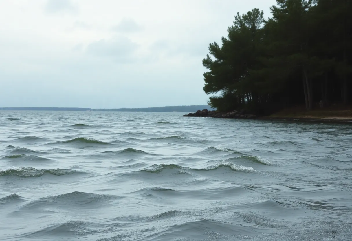 Choppy lake waters under a wind advisory in South Carolina