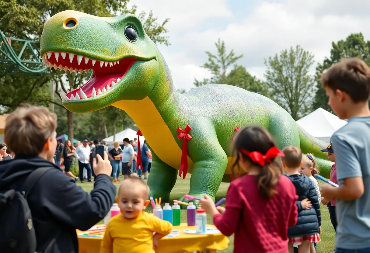 Families enjoying the Lex the T-Rex event in Lexington with children painting ribbons.