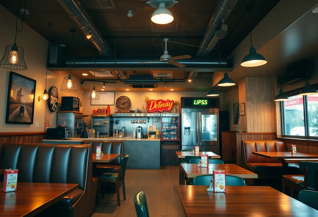 Updated dining area of Lizard's Thicket with new booths and kitchen equipment.