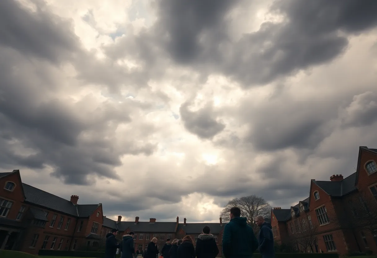 A stormy scene on a Midlands university campus during severe weather.