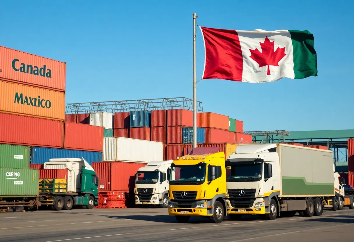 Trade scene illustrating North American trade between Mexico and Canada.