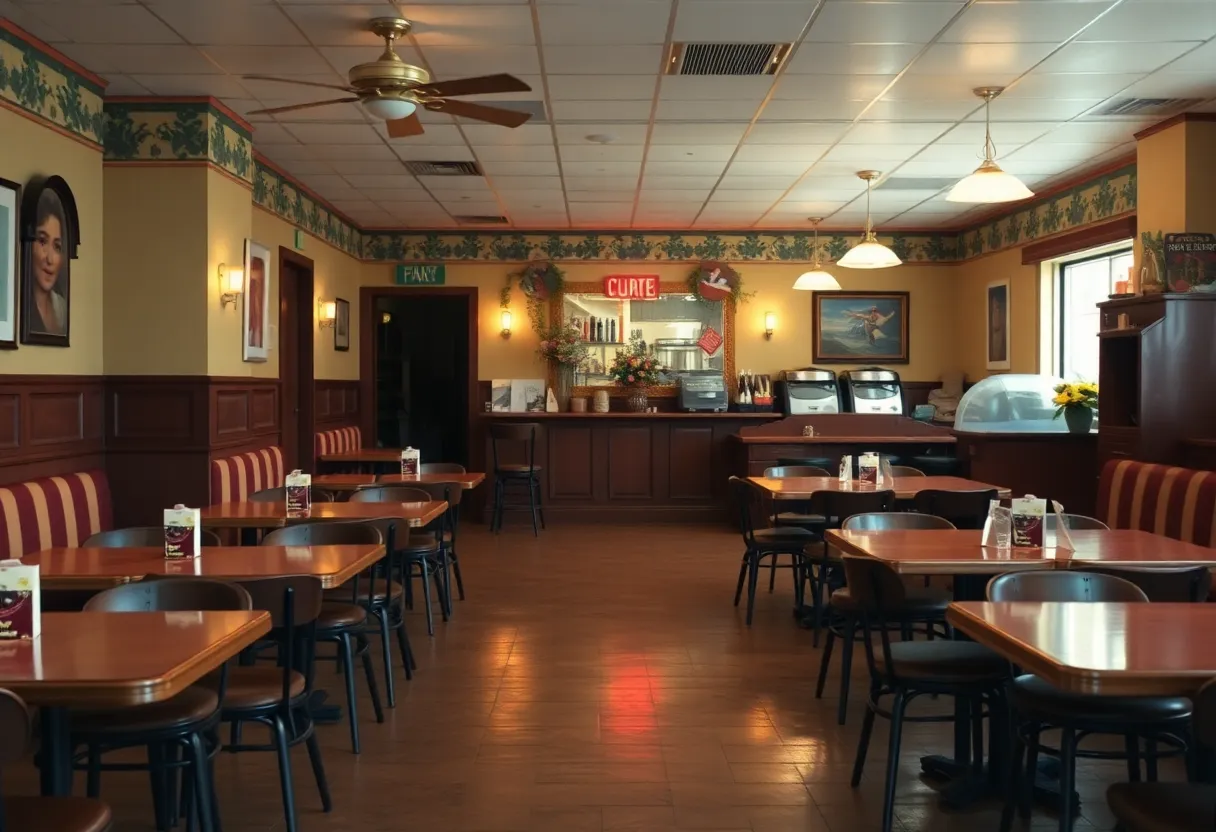 Interior of R.F.'s Corner Grill showing empty tables