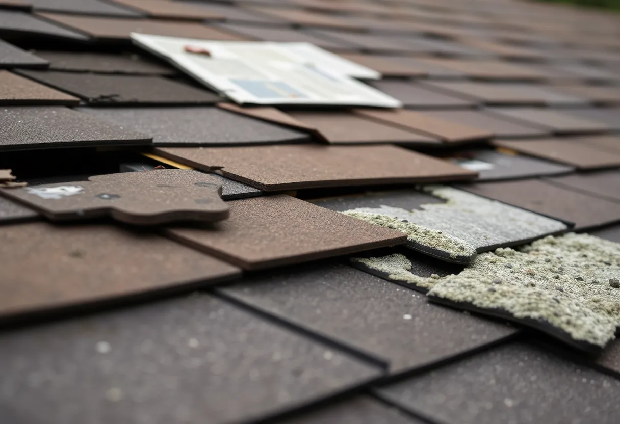 Close-up of roof showing damaged shingles and stains